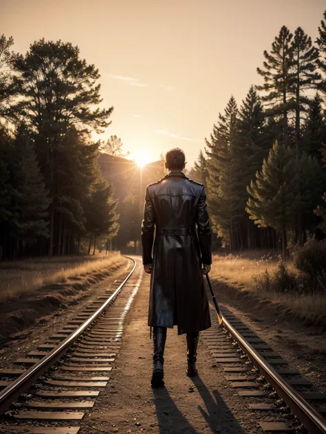 epic photo, hyper realistic, sunset, orange tones lighting, silhouette of (man, 188 cm tall, walking, dressed in a long black le...