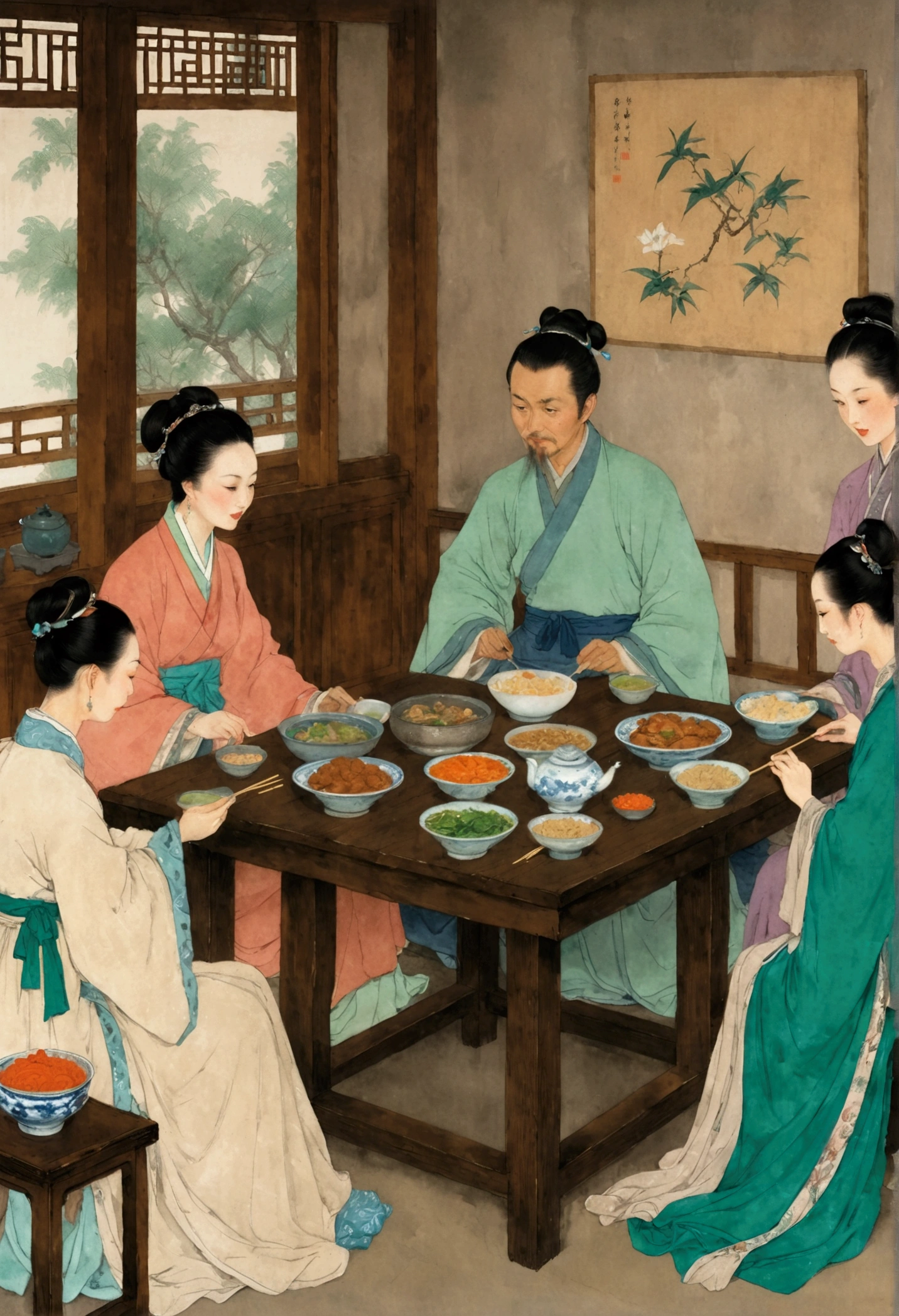 A close-up of a painting，People eating at the table, Tradition, Chinese style, traditional Chinese, Artworks similar to Sheng Lam, by Fang Congyi, by Qu Leilei, traditional Chinese art, 华人Tradition, traditional Chinese painting, author：Xia Gui, author Miao Fu, inspired by Liu Jue, Folklore illustrations