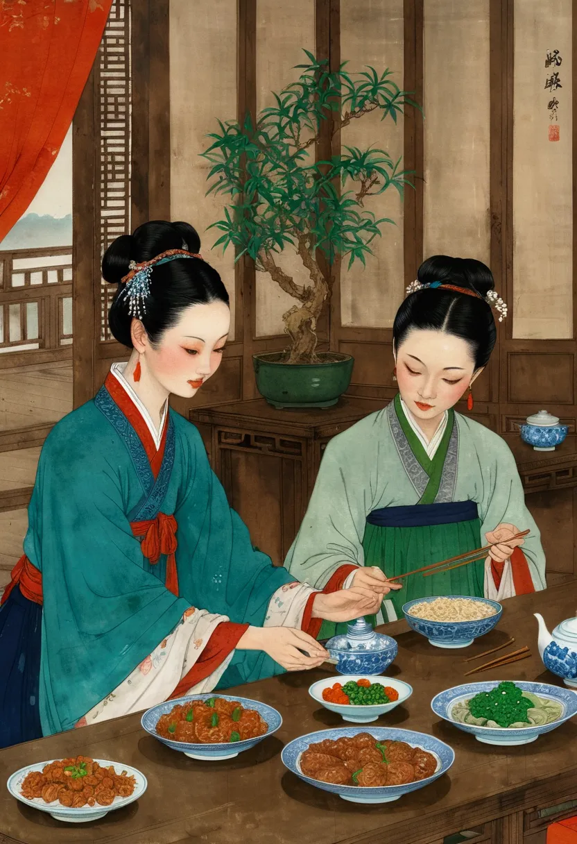 a close-up of a painting，people eating at the table, tradition, chinese style, traditional chinese, artworks similar to sheng la...