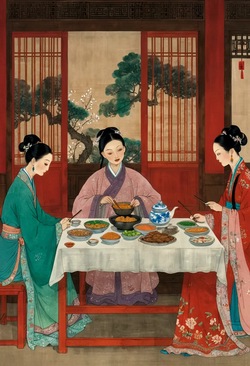 a close-up of a painting，people eating at the table, tradition, chinese style, traditional chinese, artworks similar to sheng la...