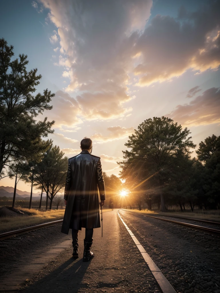 Epic photo, hyper realistic, Sunset, orange tones lighting, 1 man, silhouette of (man, 188 cm tall, walking, dressed in a long black leather overcoat
, Texan boots, electric guitar Gibson les paul standard colgada en su espalda), walk along the train tracks towards the sun that sets on the horizon, trees in the background, photo for image of a disk, name of the album: "It allows me a feeling?", Priority:The guitar must not be missing (electric guitar Gibson les paul standard) colgada en diagonal con el mastil hacia abajo en la espada del man.