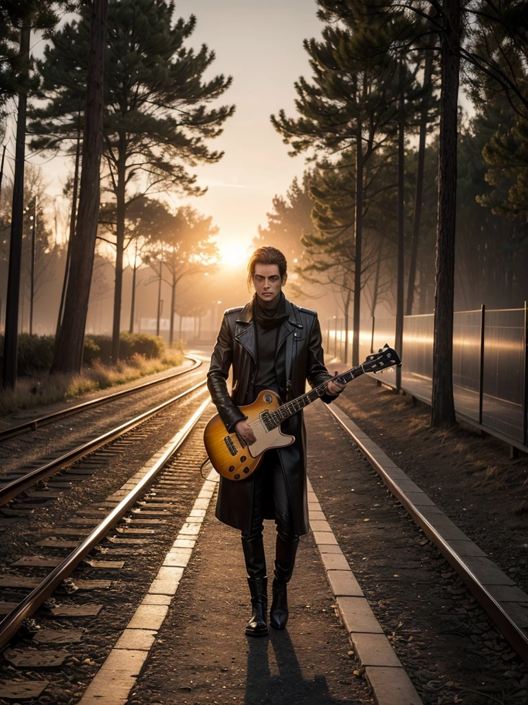 Epic photo, hyper realistic, Sunset, orange tones lighting, 1 man, silhouette of (man, 188 cm tall, walking, dressed in a long black leather overcoat
, Texan boots, electric guitar Gibson les paul standard colgada en su espalda), walk along the train tracks towards the sun that sets on the horizon, trees in the background, photo for image of a disk, name of the album: "It allows me a feeling?", Priority:The guitar must not be missing (electric guitar Gibson les paul standard) colgada en diagonal con el mastil hacia abajo en la espada del man. El man camina hacia el sol, la foto toma al man de espaldas solo se ve la silueta y la guitarra colgada en su espalda.