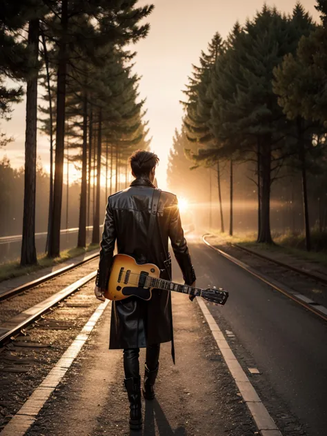 epic photo, hyper realistic, sunset, orange tones lighting, 1 man, silhouette of (man, 188 cm tall, walking, dressed in a long b...