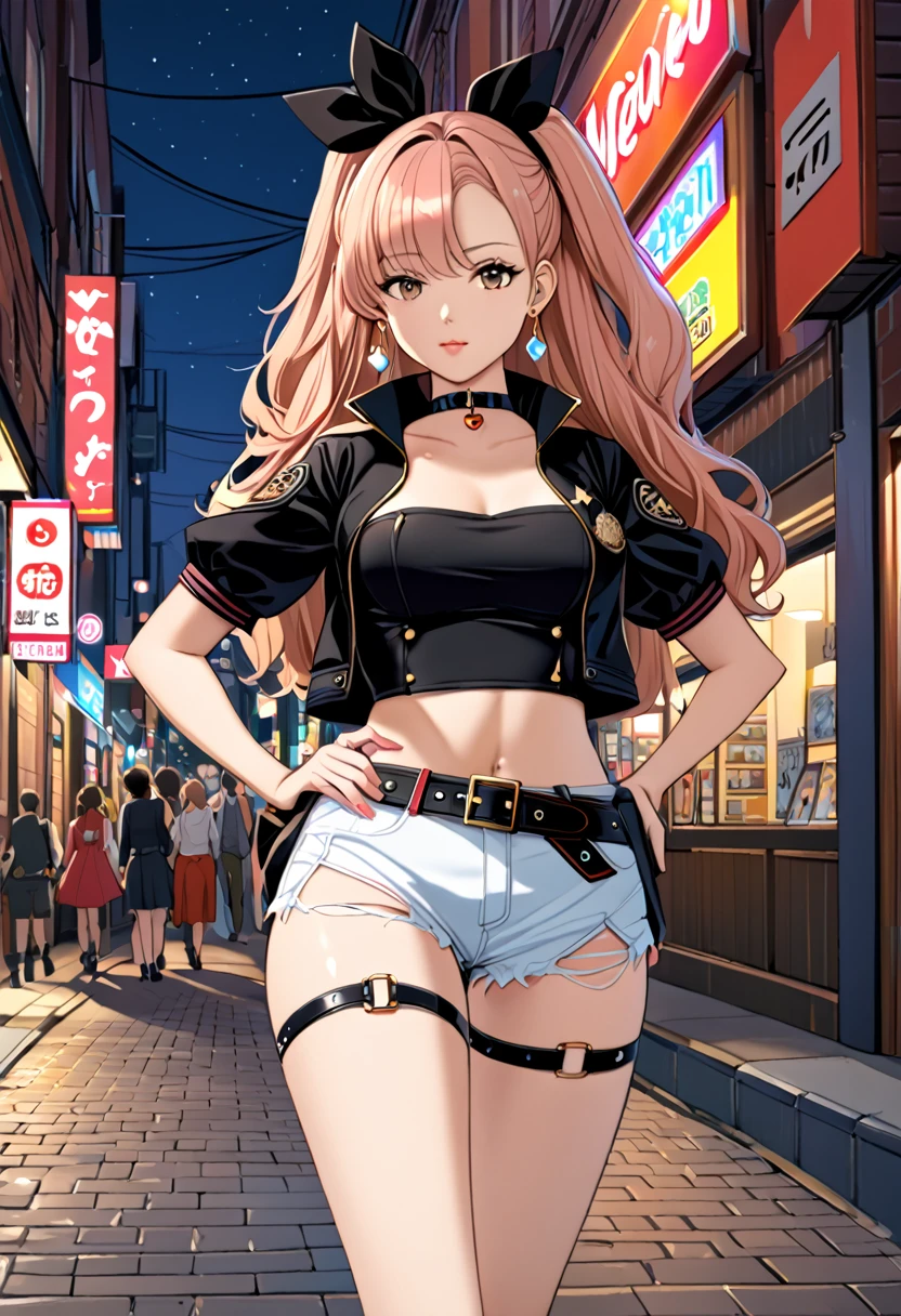 masterpiece, best quality, very detailed, very detailed,illustration, 1 woman, Nicole starts, hair ribbon, hairpin, earring, black collar, tube top, single thigh high, short, cropped jacket, belt, thigh straps, separated sleeves, doll, standing, put hands on hips, cowboy shot, night street, mesugaki,