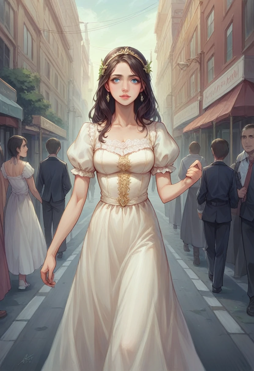 Best Quality, masterpiece, realistic photo, intricate details, raw photo, ultra detailed, old fashioned young woman, with peasant style dress, no necklines, by rubio, perfect detailed blue eyes, walking in an old city, high definition quality, 8k, young woman, 20 years