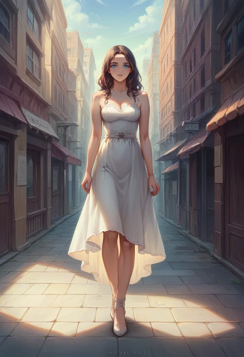 Best Quality, masterpiece, realistic photo, intricate details, raw photo, ultra detailed, old fashioned young woman, with peasant style dress, no necklines, by rubio, perfect detailed blue eyes, walking in an old city, high definition quality, 8k, young woman, 20 years