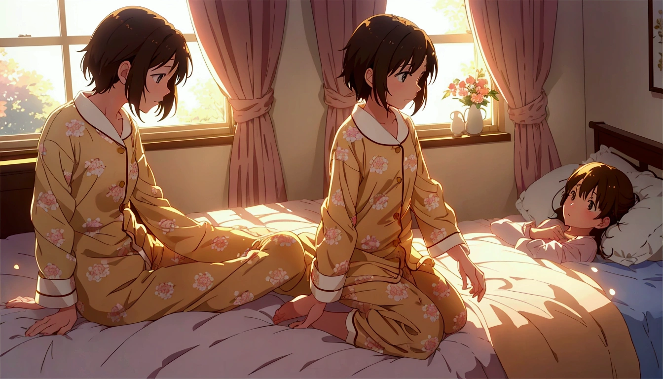 Imagine a cozy room with curtains in soft tones. The golden sunlight penetrates, Light up the bed where Riley is, A brown hair、Girl in floral pajamas, Waking up. The silhouette of a bird is reflected in the window. (Makoto Shinkai&#39;s art style)