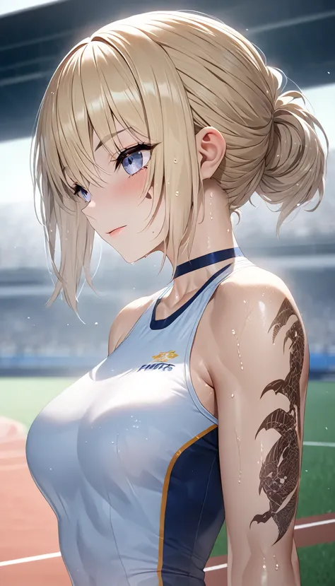 female track and field athlete, blonde up-hair, make-up, amorous and lewd face, superlative body proportion, covered in tattoos,...