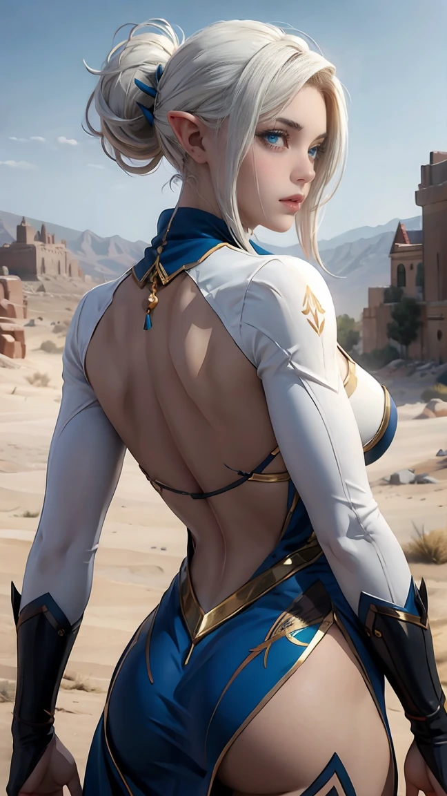 Ariel, upper body portrait, elf, White hair, Beautiful, cute arabic clothes, warrior, life, correspond, White hair, cowboy shot, back view, looking back, desert background, Realistic Fantasy ,conceptual art