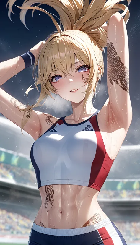 female track and field athlete, blonde up-hair, make-up, amorous and lewd face, superlative body proportion, covered in tattoos,...