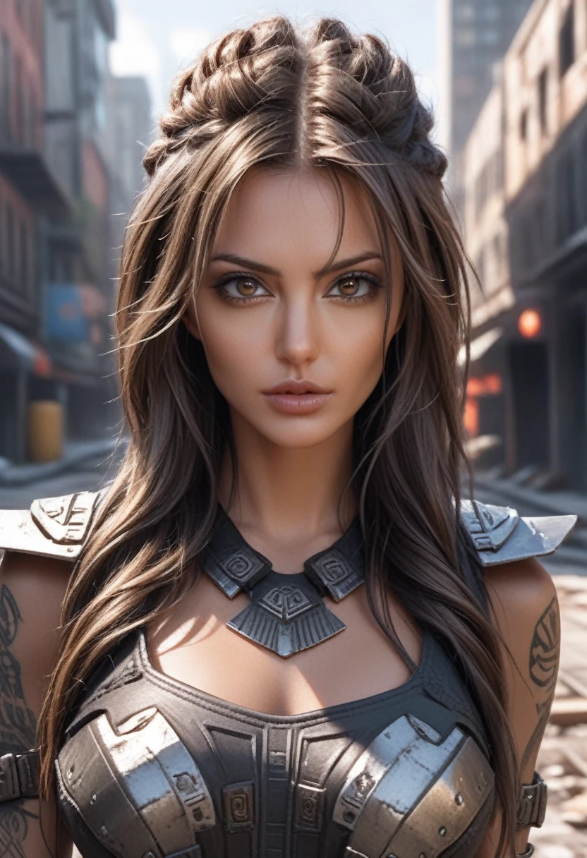 Close up upper body,a hyper realistic ultra detailed photograph of a futuristic beautiful barbarian woman wearing sunglasses at a dystopian city, tattered outfit with rusty metal armor plates, long wild hair, tattooed hands and body, fashion pose, detailed symmetric beautiful hazel eyes, detailed gorgeous face, apocalyptic environment, exquisite detail, 30-megapixel, 4k, Canon EOS 5D Mark IV DSLR, 85mm lens, sharp focus, intricately detailed, long exposure time, f/8, ISO 100, shutter speed 1/125, diffuse back lighting, award winning photograph, facing camera, looking into camera, monovisions, perfect contrast, High sharpness, facial symmetry, depth of field, ultra-detailed photography, raytraced, global illumination, TanvirTamim, smooth, ultra high definition, 8k, unreal engine 5, ultra sharp focus, award-winning photograph, trending on artstation