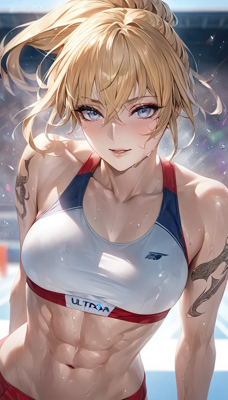 female track and field athlete, blonde up-hair, make-up, amorous and lewd face, superlative body proportion, covered in tattoos, track and field uniform, abs, warming up, shading effects, gradation magic effects, foggy filter effects, glitter effects, (ultra detailed, absolutely resolution, best quality:1.3), 2.5D, delicate and dynamic, artistic photography, hyper realistic, graphic CG digital art