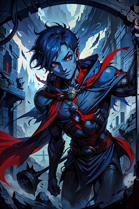 boy, short blue hair, red eyes, blue cape, daytime scene, happy