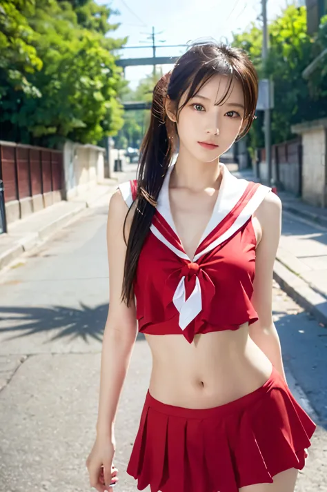 (ultra hd), (red sailor suit, red short skirt), big breasts, slender, narrow waist, (the belly button is visible:0.8), whole bod...