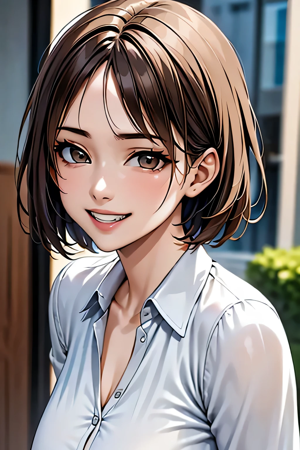 ((masterpiece)), ((Highest quality)), ((Complex)), ((Surreal)), (Realistic), (Mature Woman), ((There are no classes)), Very detailed, (1 female), Beautiful and exquisite, (Beautiful Teeth), Grin, Brunette bob hair, Brown eyes, ((blouse)), (Upper Body), (background:none), Perfect Eyes, Captivating eyes, Looking at the audience