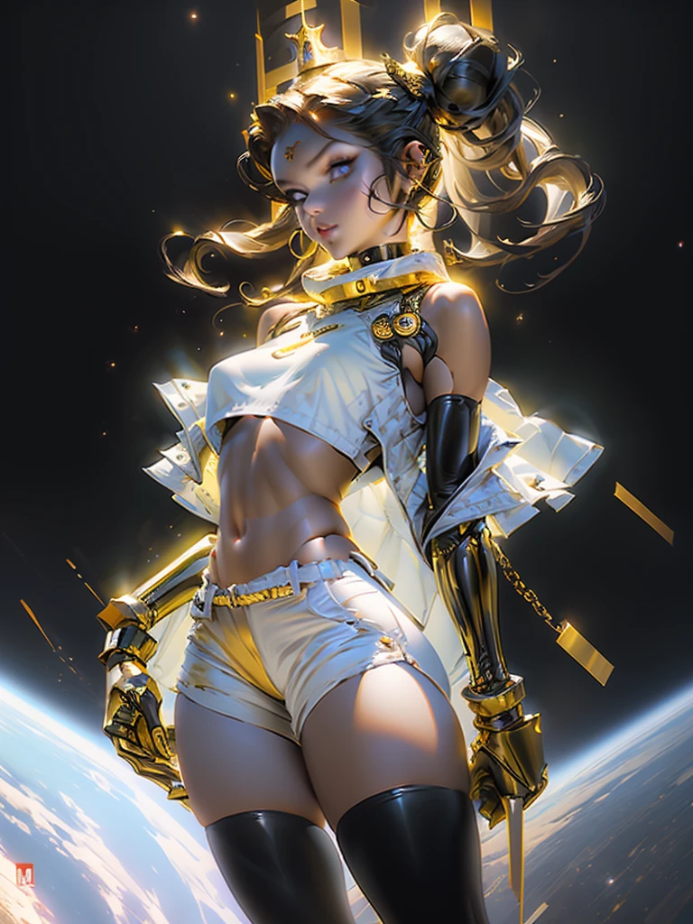 ((masterpiece, top quality, super definition, high definition)), solo, beautiful girl, shining eyes, perfect eyes,  black crop top, black high heels, white booty shorts, crown, space buns, thigh high, gold anklet, five fingers, gold in hand, red eyes, fingers of the hand five, adult.