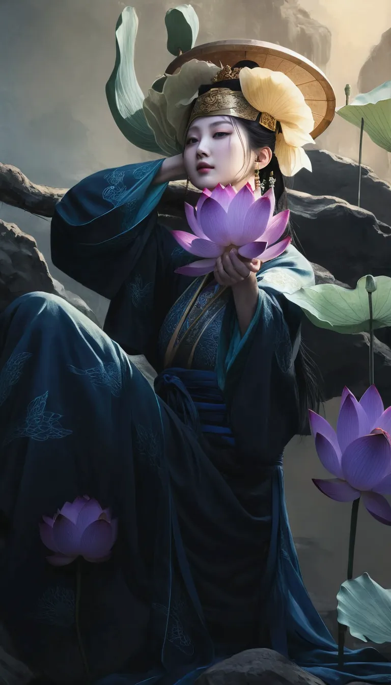 ancient chinese beauty sitting on stone, wearing ancient chinese costume, flowing blue tulle, light silk, lazy pose, large lotus...