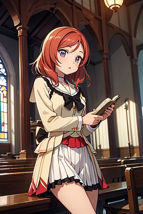 (highest quality、masterpiece)、one girl、maki nishikino、cute、church、pipe organ、ドヤ顔