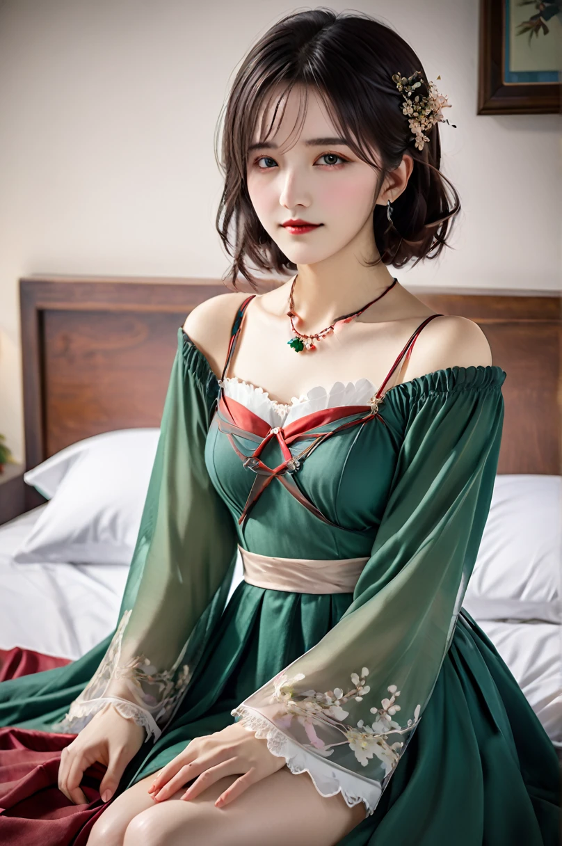 One girl, Luan May \(Honkai: Star Rail\), alone, China dress, Green gloves, hair ornaments, Detachable collar, necklace, Thigh straps, carpet, Lie in, bed sheet, View your viewers, Turn your back, blush, Lips parted, hands superior score_9, score_8_superior, score_7_superior