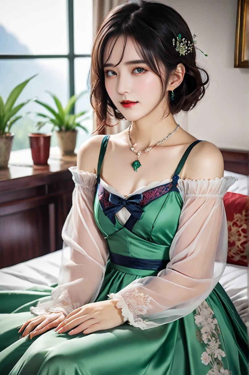 One girl, Luan May \(Honkai: Star Rail\), alone, China dress, Green gloves, hair ornaments, Detachable collar, necklace, Thigh straps, carpet, Lie in, bed sheet, View your viewers, Turn your back, blush, Lips parted, hands superior score_9, score_8_superior, score_7_superior