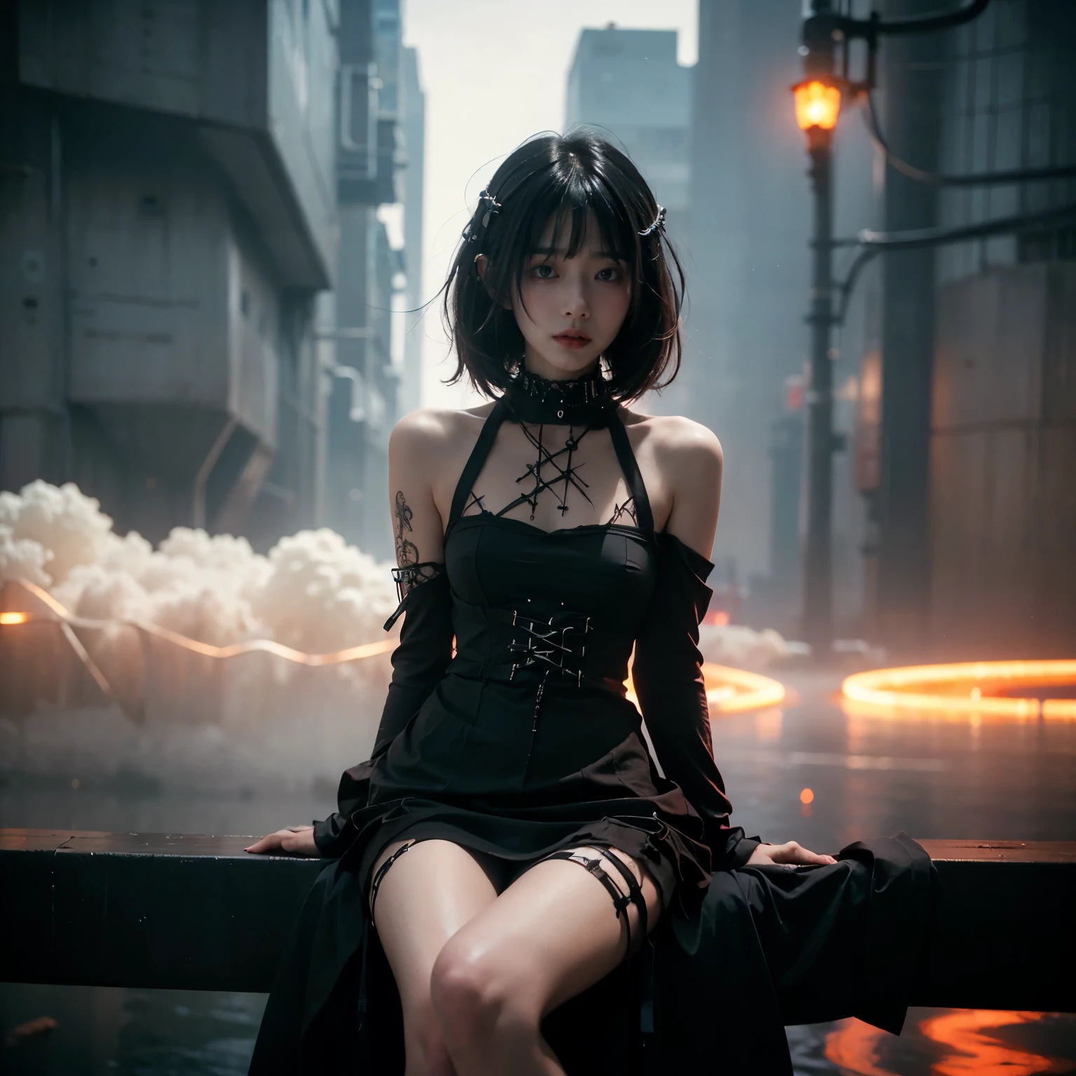 from below, technoir, moody, artistically refined, true-to-life visuals, breathtaking aesthetics, diffused natural skin glow, Girl sitting and enjoying the view, 24-years-old, slender, floating Medium Hair, bangs, (Gothic_punk dress:1.2), masterpiece, best quality, RAW Photos, candytt, zwd,