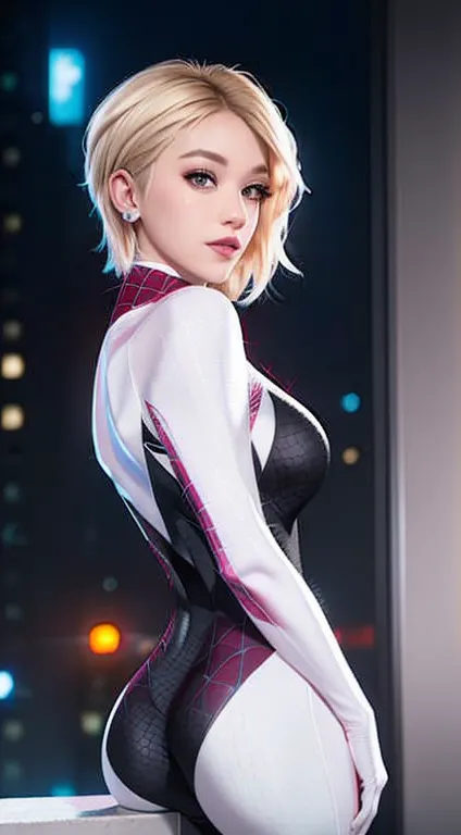 (masterpiece), ((best quality)), parted lip, light_smile, cinematic lighting, ultra-realistic, ((realistic)), (gwen_stacy), blon...