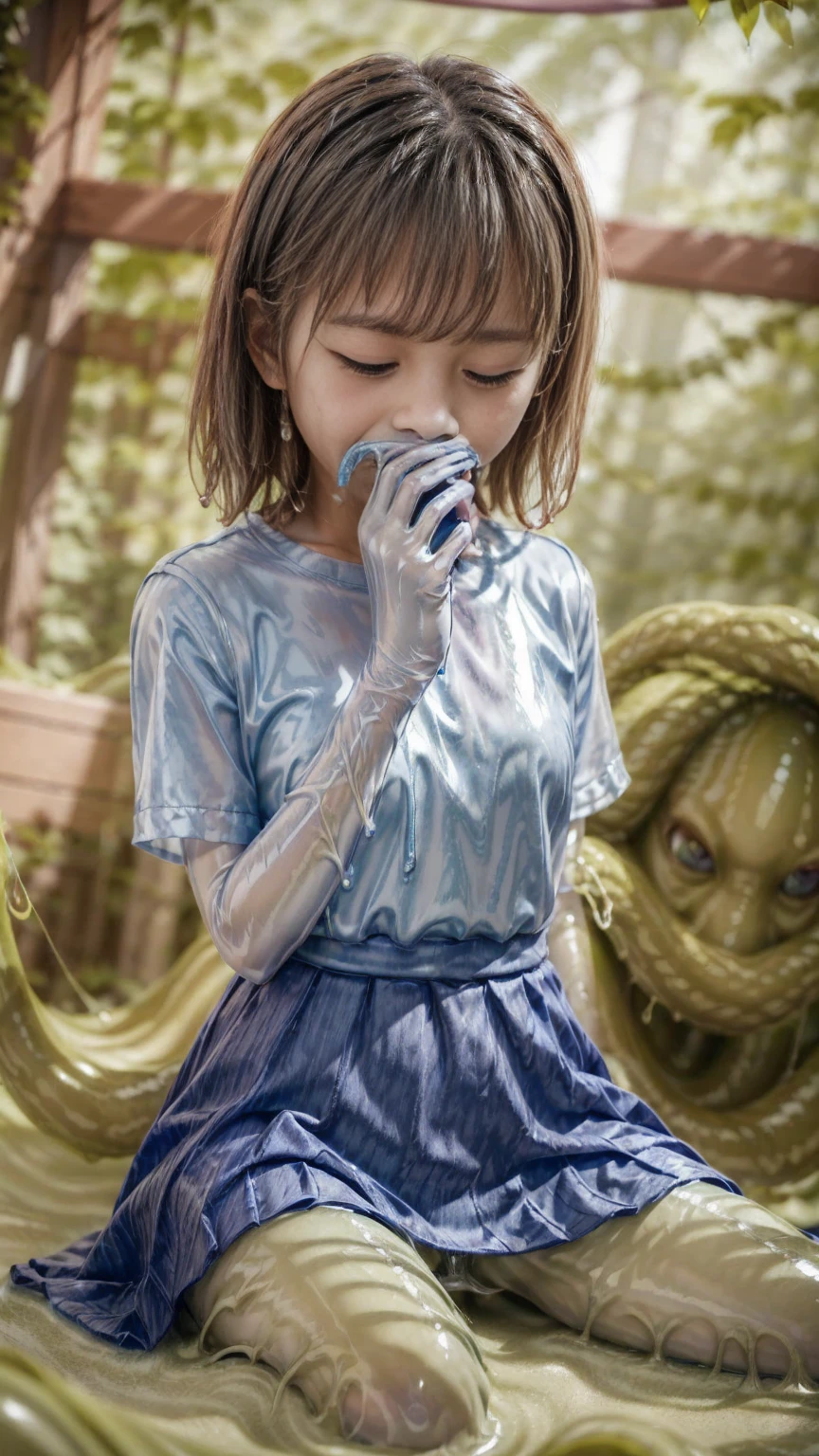 creepy tentacles are (((licking))) Asian school girl (inside creature:1.4) of stinky saliva fluids in fantasy, (stinky dress), wet girl, sitting, ((looking at the viewer)), wet skin, bukkake, anguished, bound by slimy tentacles, bdsm, vine, sitting in a mirror, she is resisting from cum shot, fetish, pussy juice stain, (she is hiding her mouth:1.5) inside creature, slimy ((wet skin)) dripping, (beautiful eyes), dried saliva, ((steaming)), depth of field, 1girl, solo, censored, ((white)) blouse, skirt, school girl, vore, photorealistic, slime, saliva