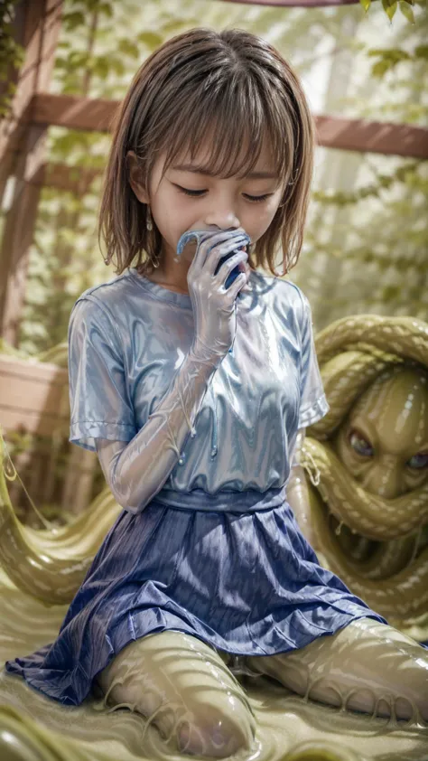 creepy tentacles are (((licking))) asian school girl (inside creature:1.4) of stinky saliva fluids in fantasy, (stinky dress), w...