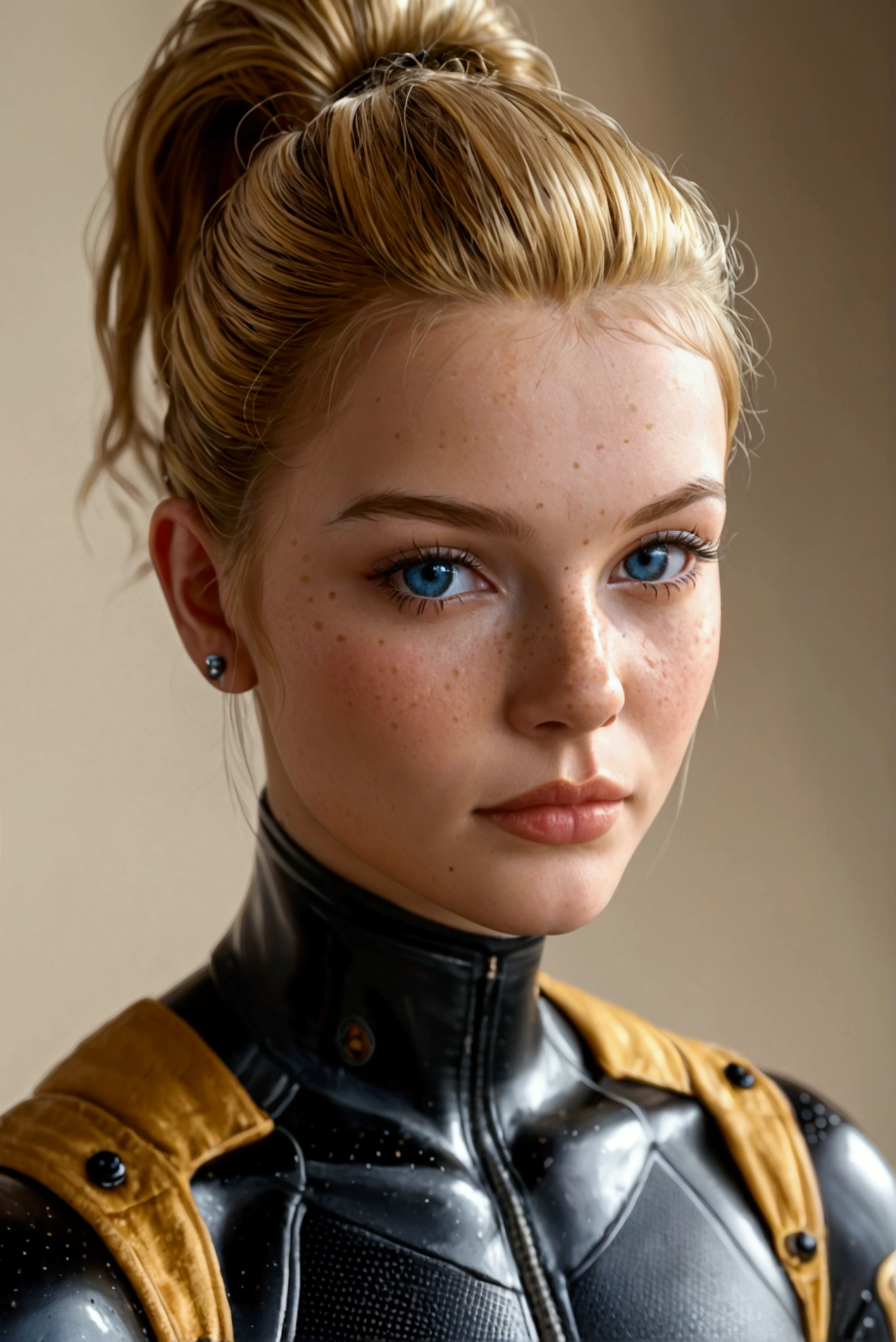 a young blonde girl in a black with gold accent space suit, seductive pose, beautiful detailed face, piercing blue eyes, light freckles, detailed muscular body, ponytail hairstyle, no background,