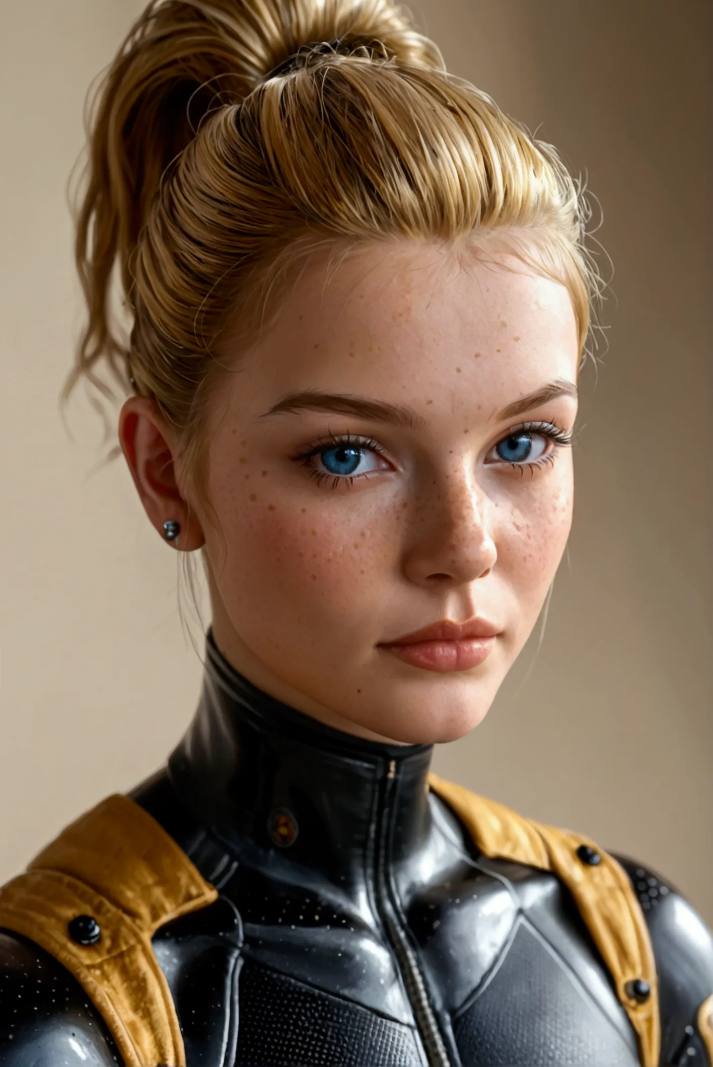 a young blonde girl in a black with gold accent space suit, seductive pose, beautiful detailed face, piercing blue eyes, light f...