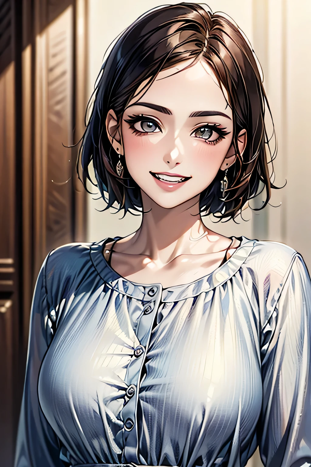 ((masterpiece)), ((Highest quality)), ((Complex)), ((Surreal)), (Realistic), (Mature Woman), ((No classes)), Very detailed, (1 female), Beautiful and exquisite, (Beautiful Teeth), Grin, Brunette bob hair, Brown eyes, ((blouse)), (Upper Body), (background:none), Perfect Eyes, Captivating eyes, Looking at the audience