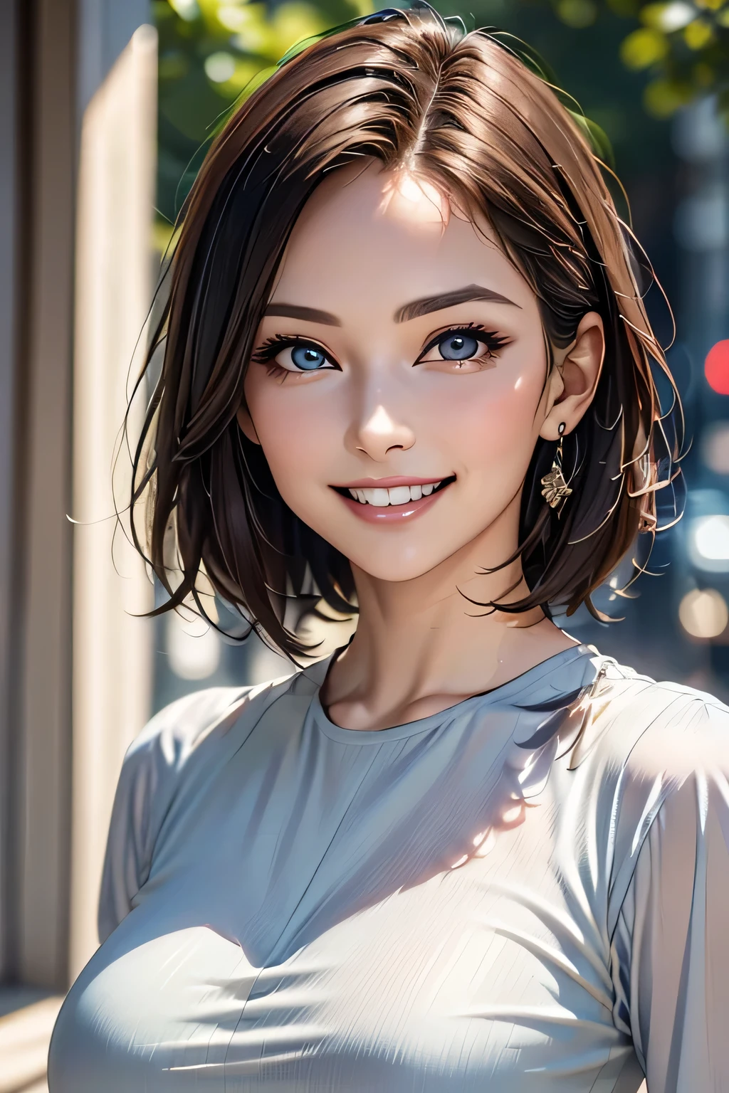 ((masterpiece)), ((Highest quality)), ((Complex)), ((Surreal)), (Realistic), (Mature Woman), ((No classes)), Very detailed, (1 female), Beautiful and exquisite, (Beautiful Teeth), Grin, Brunette bob hair, Brown eyes, ((blouse)), (Upper Body), (background:none), Perfect Eyes, Captivating eyes, Looking at the audience