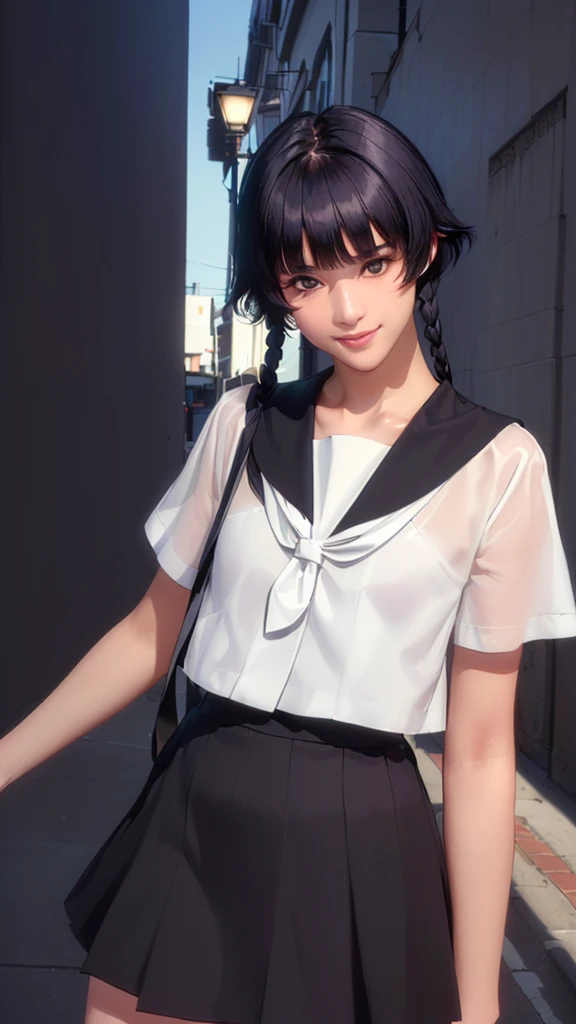 (（（Perfect body,White and tender skin,（（（JK_style，short-sleeved JK_shirt，short-sleeved JK_sailor，JK_suit，JK_tie ）））,（（（sui-feng, short hair, short hair with long locks，Black hair））），((masterpiece)),high resolution, ((Best quality at best)),masterpiece,quality,Best quality,（（（ Exquisite facial features,Looking at the audience,There is light in the eyes,Smile））），）））,（（（Light and shadow,Small chest，）））,（（（Looking at the camera,black background,)））),