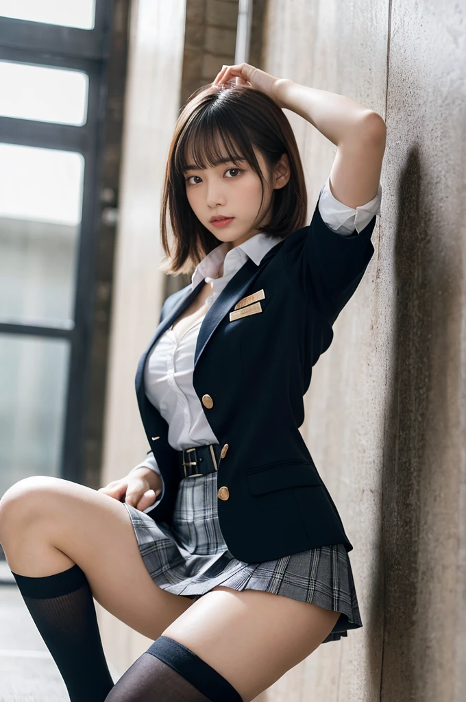 masterpiece, best quality, illustration, Super detailed, fine details, High resolution, 8K,wall paper, perfect dynamic composition,(Details High quality, realistic depiction of eyes:1.3), from side, High School Classroom、High school girl uniform、blazer 、Super Short Check Uniform Skirt、Navy blue high socks、garterbelts、Colossal 、Disturbed uniform,  short hair, (wavy hair:1.2), short bob hair, black hair color, large breasts, Big Natural Color Lip, acrobatic pose, perfect body shape, crying a little、Harajuku style、20 year old girl、cute type, beautiful legs, hposing Gravure Idol, Voluptuous thighs, cleavage, thigh, short skirt, sexy, cleavage, thigh, short skirt, sexy, cleavage, thigh, short skirt, sexy, panties