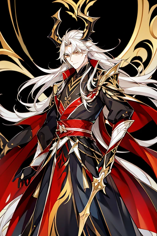 A handsome man with long white hair and yellow eyes, wearing a black shirt, black suit, and a Hanfu with red dragon patterns and gold edges that highlight the aura of a leader. He has golden horns and is standing while looking at the camera, holding a black halberd. Best quality, masterpiece, with detailed face drawing, complete with two arms and two legs, manhua character.
