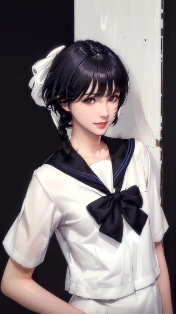 (（（Perfect body,White and tender skin,（（（JK_style，short-sleeved JK_shirt，short-sleeved JK_sailor，JK_suit，JK_tie ）））,（（（sui-feng, short hair, short hair with long locks，Black hair））），((masterpiece)),high resolution, ((Best quality at best)),masterpiece,quality,Best quality,（（（ Exquisite facial features,Looking at the audience,There is light in the eyes,Smile））），）））,（（（Light and shadow,Small chest，）））,（（（Looking at the camera,black background,)））),