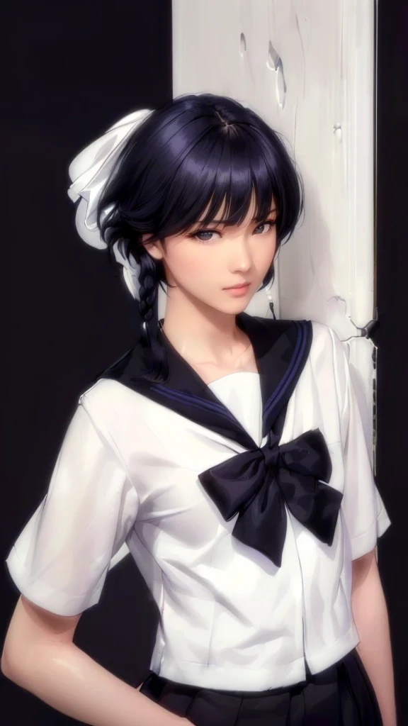 (（（Perfect body,White and tender skin,（（（JK_style，short-sleeved JK_shirt，short-sleeved JK_sailor，JK_suit，JK_tie ）））,（（（sui-feng, short hair, short hair with long locks，Black hair））），((masterpiece)),high resolution, ((Best quality at best)),masterpiece,quality,Best quality,（（（ Exquisite facial features,Looking at the audience,There is light in the eyes,Smile））），）））,（（（Light and shadow,Small chest，）））,（（（Looking at the camera,black background,)））),