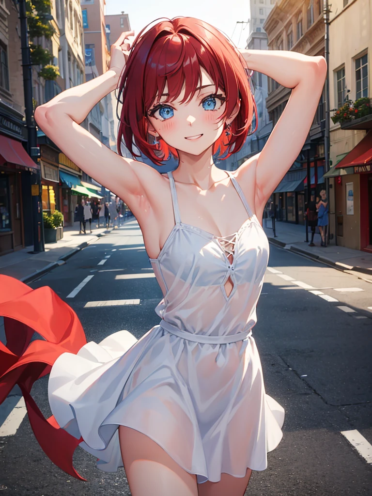 (masterpiece, best quality:1.2), kallen stadtfeld, blue eyes, red hair, short hair, sundress, cowboy shot, dynamic angle, solo, 1girl, smile, blushing, looking at viewer, city street, daylight, dynamic pose,armpits