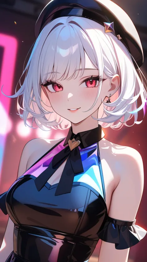 masterpiece, best quality:1.3, 1girl, white hair, red eyes, beautiful clothing, cute hat, evil smile, idol stage, transparent co...