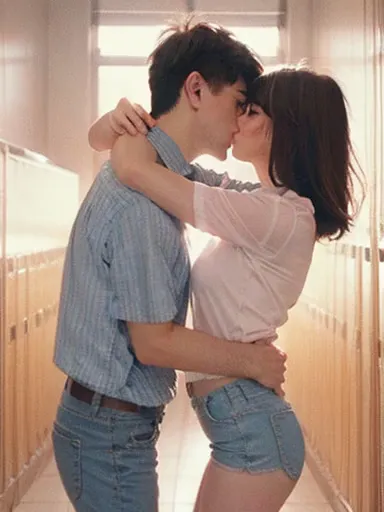 amazing portrait of a sexy teacher wearing a shirt and jeans kissing and making out passionately with her male student in an emp...