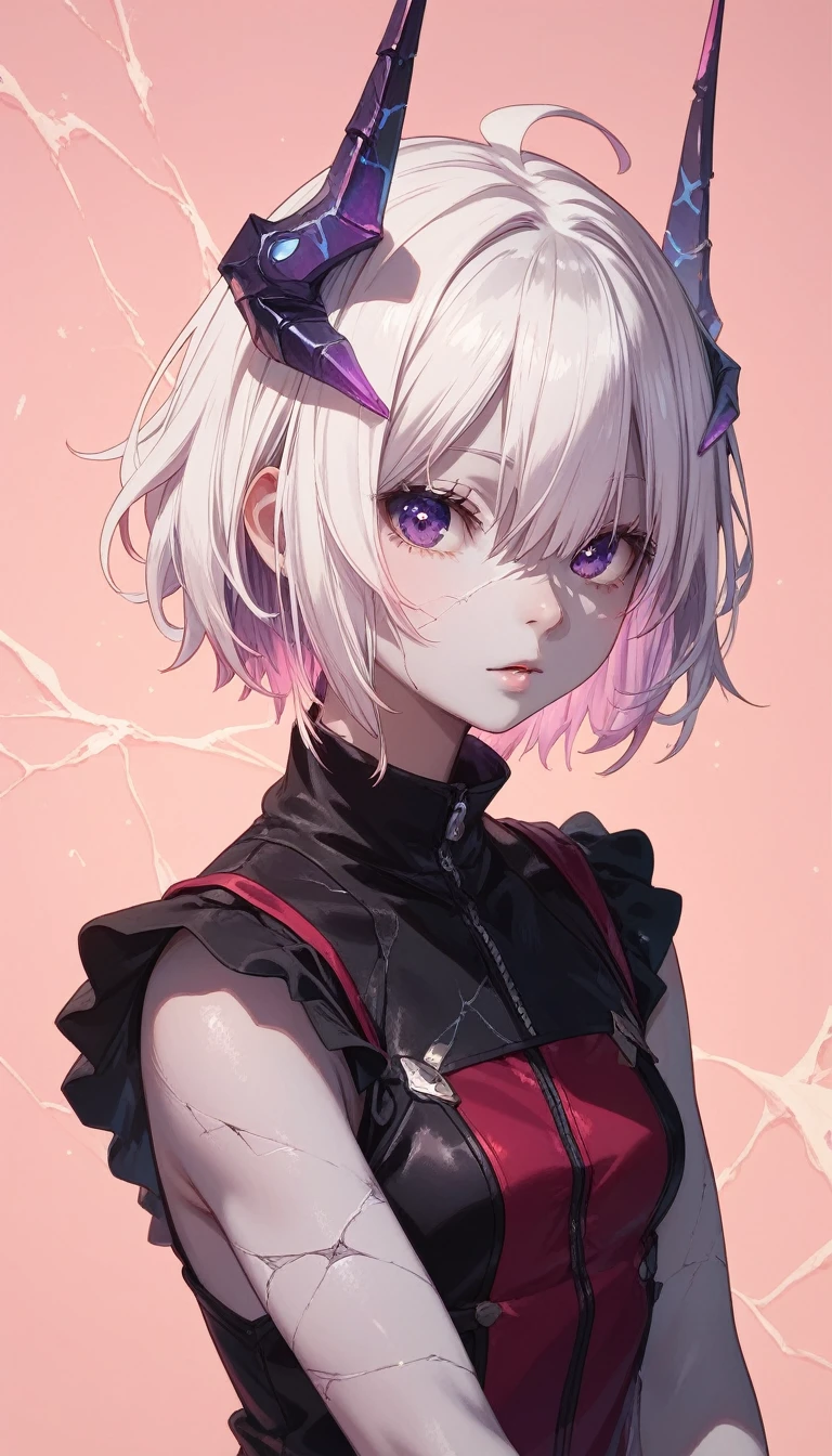 4k portrait,machina,1 boy,muslce,sharp focus,colored skin,grey skin,cracked skin,short hair,white hair,hair over eyes,purple eyes,one eye revealing under hair, portrait,detailed skin,detailed eyes,menacing,headgear,horns,upper body