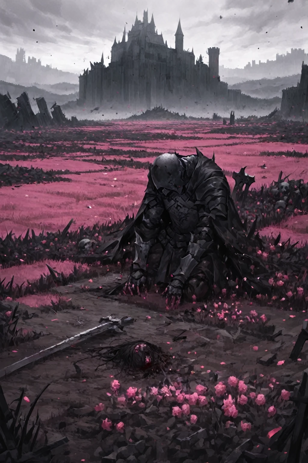 Artwork, excessive brutalism, field of battle, broken weapons, fallen bodies, caped knight on his knees mourning the death of another knight, knights fallen to the ground defeated, pink flowers, (dreamy landscape), stunning landscape, castle in the background, dark scenery, blood spots, rosas de blood spots