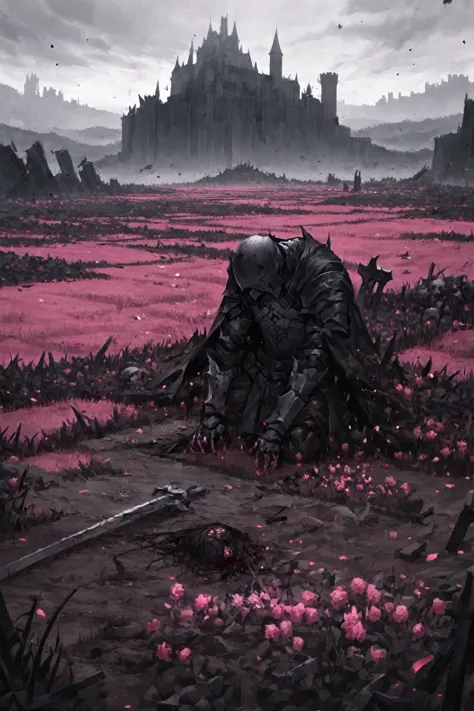 artwork, excessive brutalism, field of battle, broken weapons, fallen bodies, caped knight on his knees mourning the death of an...