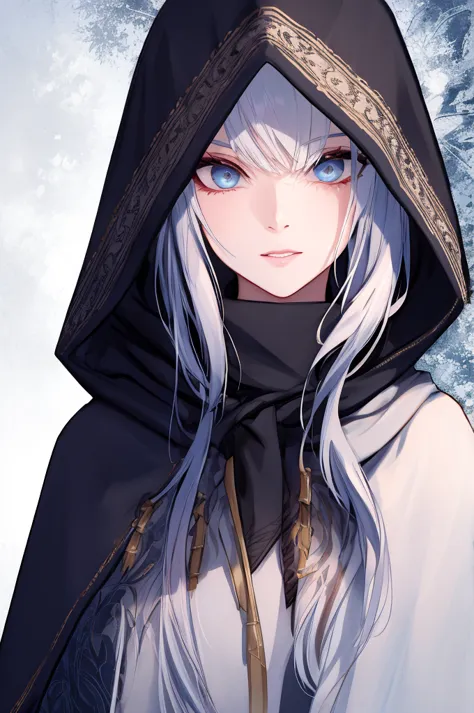 beautiful hooded assassin, fine-detailed, detailedeyes, face detailed, long long hair.