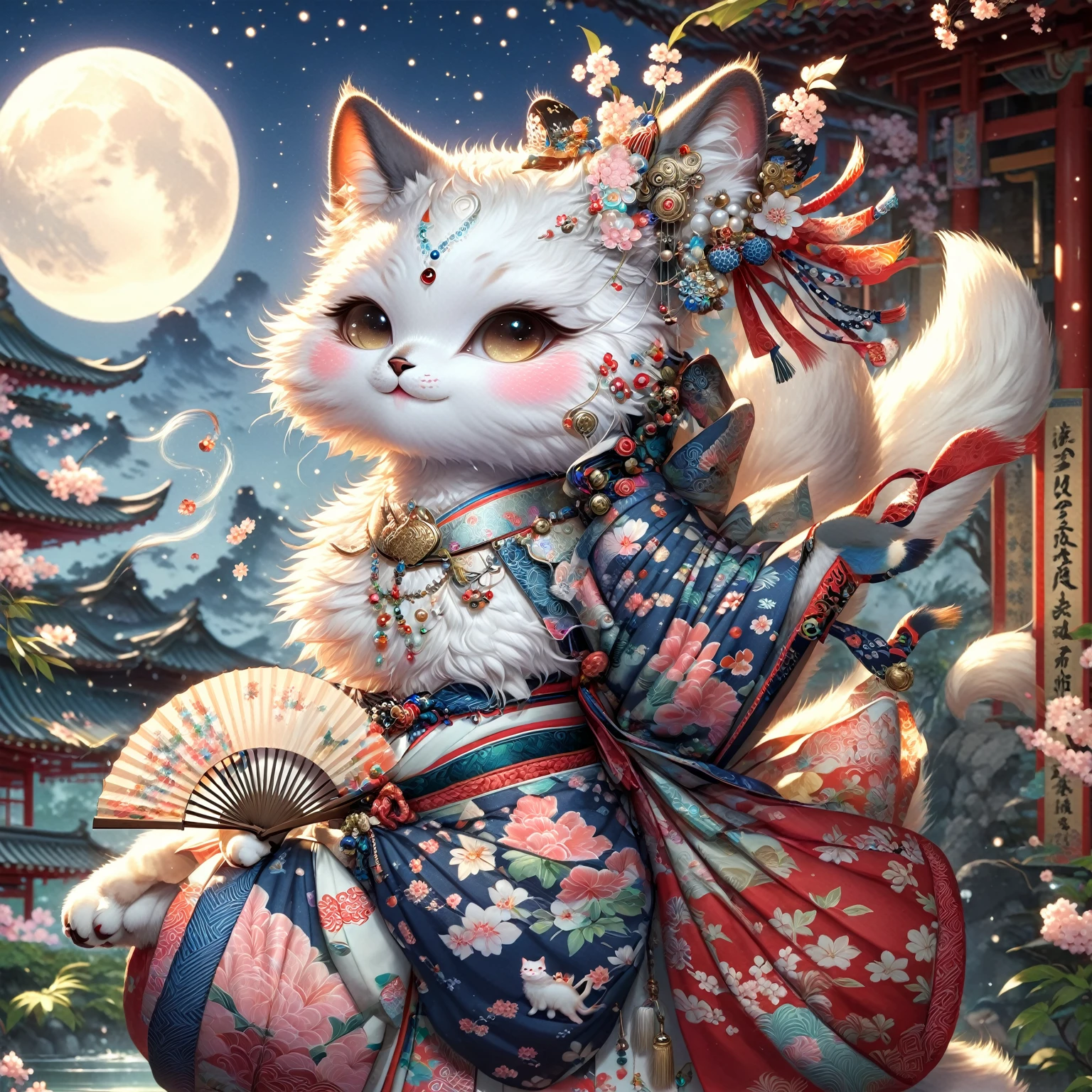 There is a white cat wearing a kimono and holding a folding fan., Beautiful digital artwork, Graceful cat, Beautiful Animals Queen of Pearls, Adorable digital painting, Highly detailed digital art in 4K, Anime Cat, Cute and detailed digital art, Amazing digital art, Beautiful digital art, Samurai Cat, Lostrun 8k, Exquisite digital illustrations, Amazing digital illustrations, 8K high quality, detailed art