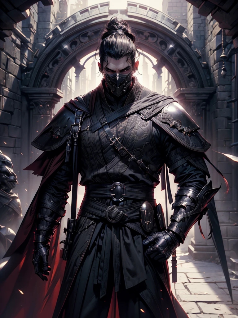 (masterpiece, high quality, cinematic lighting, backlighting, sharp colors)
Tall muscular young man, black hair tied in a bun, dark eyes, compact muscles. Face hidden by a full iron mask, expressionless. Wears medieval robe, leather shirt and pants, armor plates on vital areas. Dark crime scene background, shadowy atmosphere.