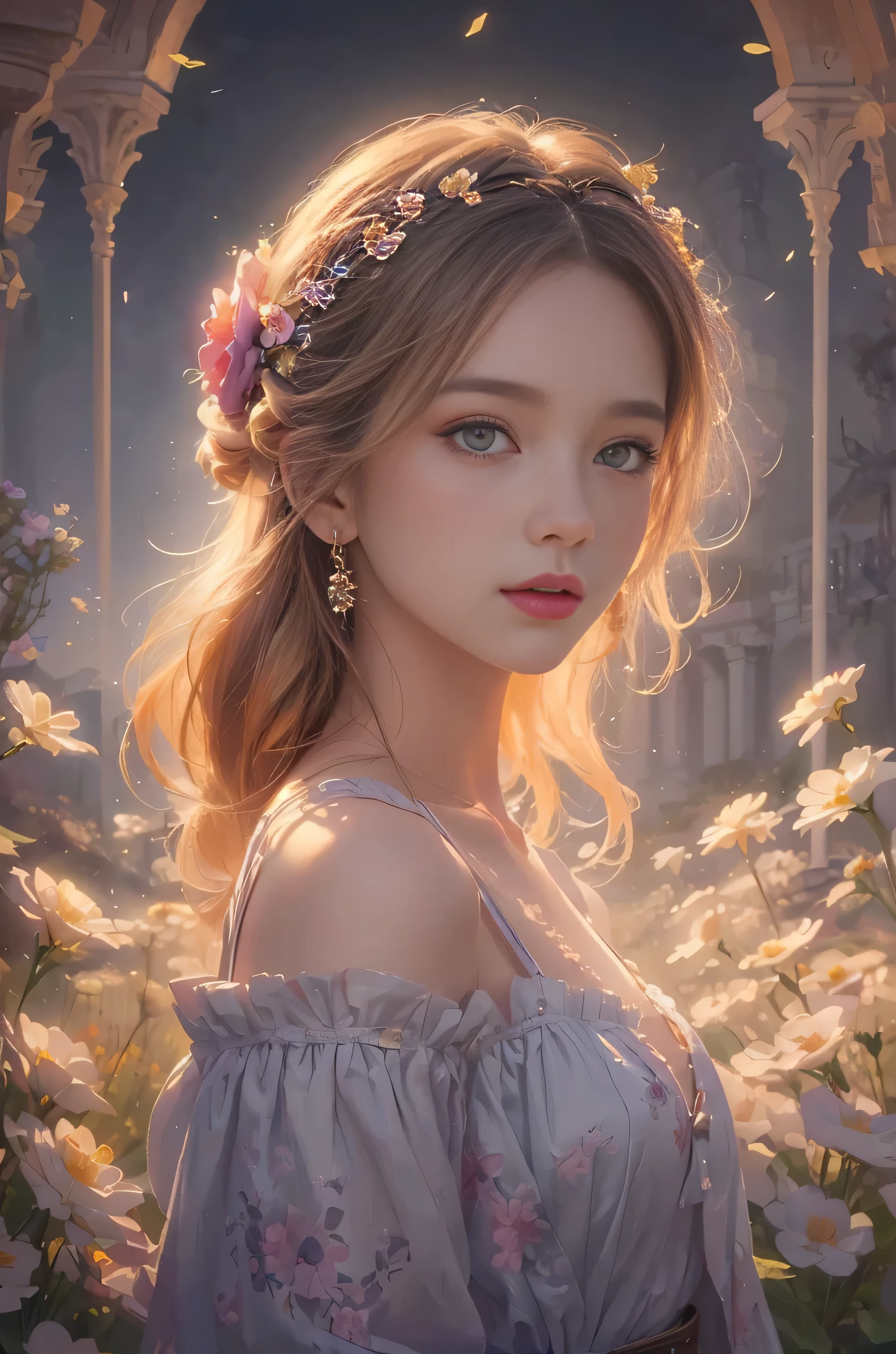 A woman with a flower crown in her hair is standing in a garden, Beautiful fantasy art portraits surrounded by lots of flowers, Beautiful Art UHD 4K, beautiful fantasy portrait, fantasy art portraits, Beautiful fantasy art, Fantasy art style, Beautiful digital illustrations, 8K high quality, detailed art, Beautiful fantasy maiden, Beautiful character drawings, Beautiful digital art, Detailed painting 4k, Masterpiece, Highest resolution，High-quality content, 8K quality photos with excellent detail, Perfect for the dynamic bust of a noble girl