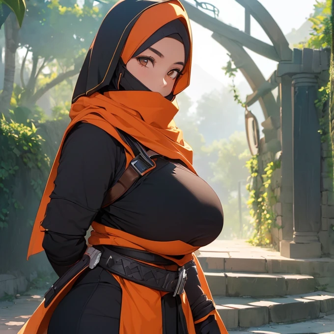 1girl, volumetric light, (bright scene:1.5), perfect lighting, village, photography, masterpiece, best quality,HDR, highres,realistic details,40K, HDR, highres, hood, landstyleshinobi, belt, weapon, shoulder armor, scarf, torn clothes, gauntlets, orange eyes, (huge breasts:1.5), thick thighs, huge ass,