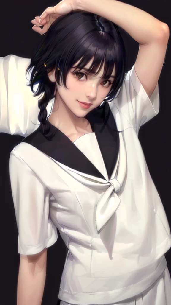 (（（Perfect body,White and tender skin,（（（JK_style，short-sleeved JK_shirt，short-sleeved JK_sailor，JK_suit，JK_tie ）））,（（（sui-feng, short hair, short hair with long locks，Black hair））），((masterpiece)),high resolution, ((Best quality at best)),masterpiece,quality,Best quality,（（（ Exquisite facial features,Looking at the audience,There is light in the eyes,Smile））），）））,（（（Light and shadow,Small chest，）））,（（（Looking at the camera,black background,)））),