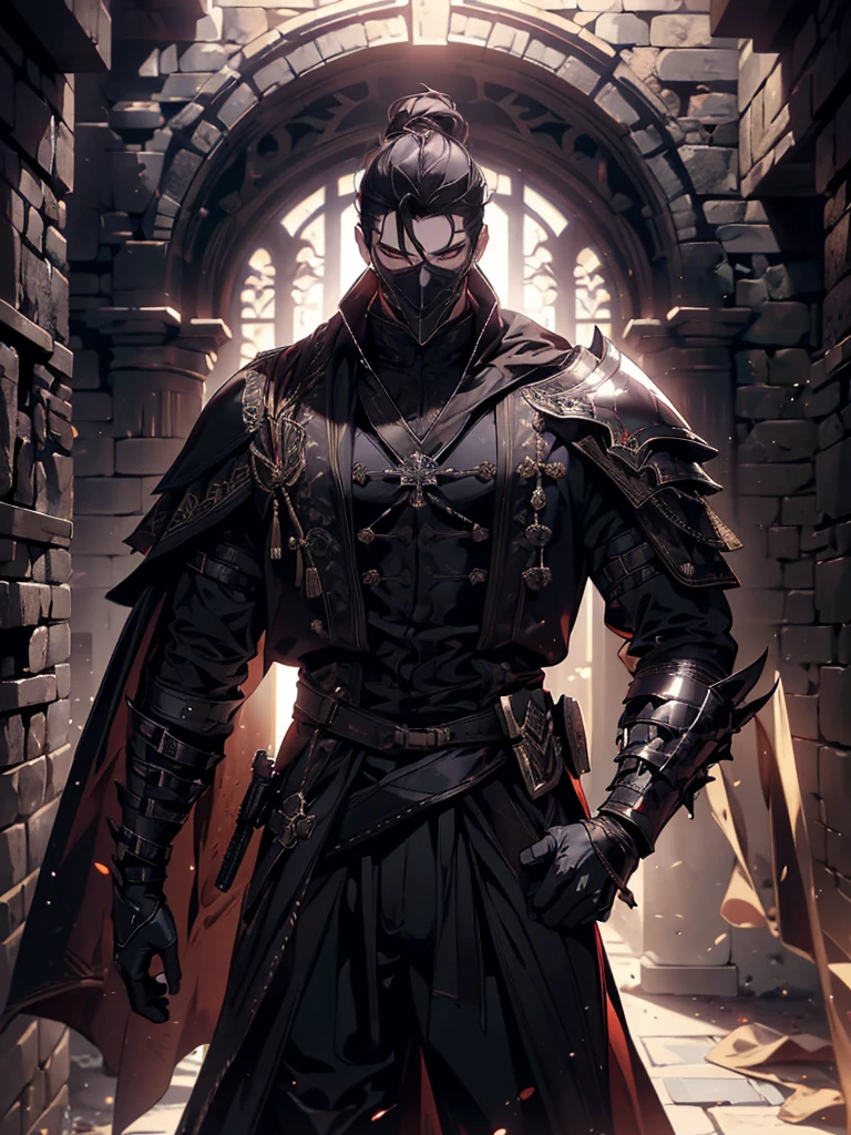 (masterpiece, high quality, cinematic lighting, backlighting, sharp colors)
Tall muscular young man, black hair tied in a bun, dark eyes, compact muscles. Face hidden by a full iron mask, expressionless. Wears medieval robe, leather shirt and pants, armor plates on vital areas. Dark crime scene background, shadowy atmosphere.